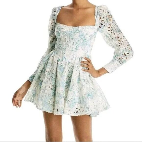 Bardot Dresses & Skirts - Bardot | Lila Flounce Eyelet Long Sleeve Mini Dress in Water Floral - Sz L/US 8